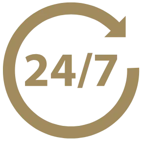 24/7 around the clock icon in gold